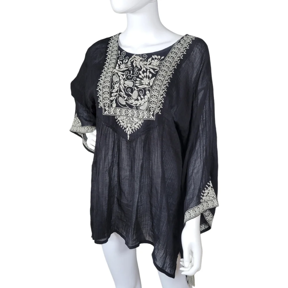World Market Tunic Top Womens L/XL Black Embroidered Sheer Fairy Boho Indie Folk - Picture 4 of 10